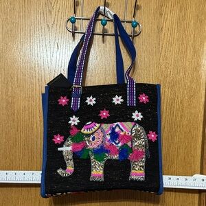 America & Beyond Beaded Elephant Tote Bag - Black and Pink